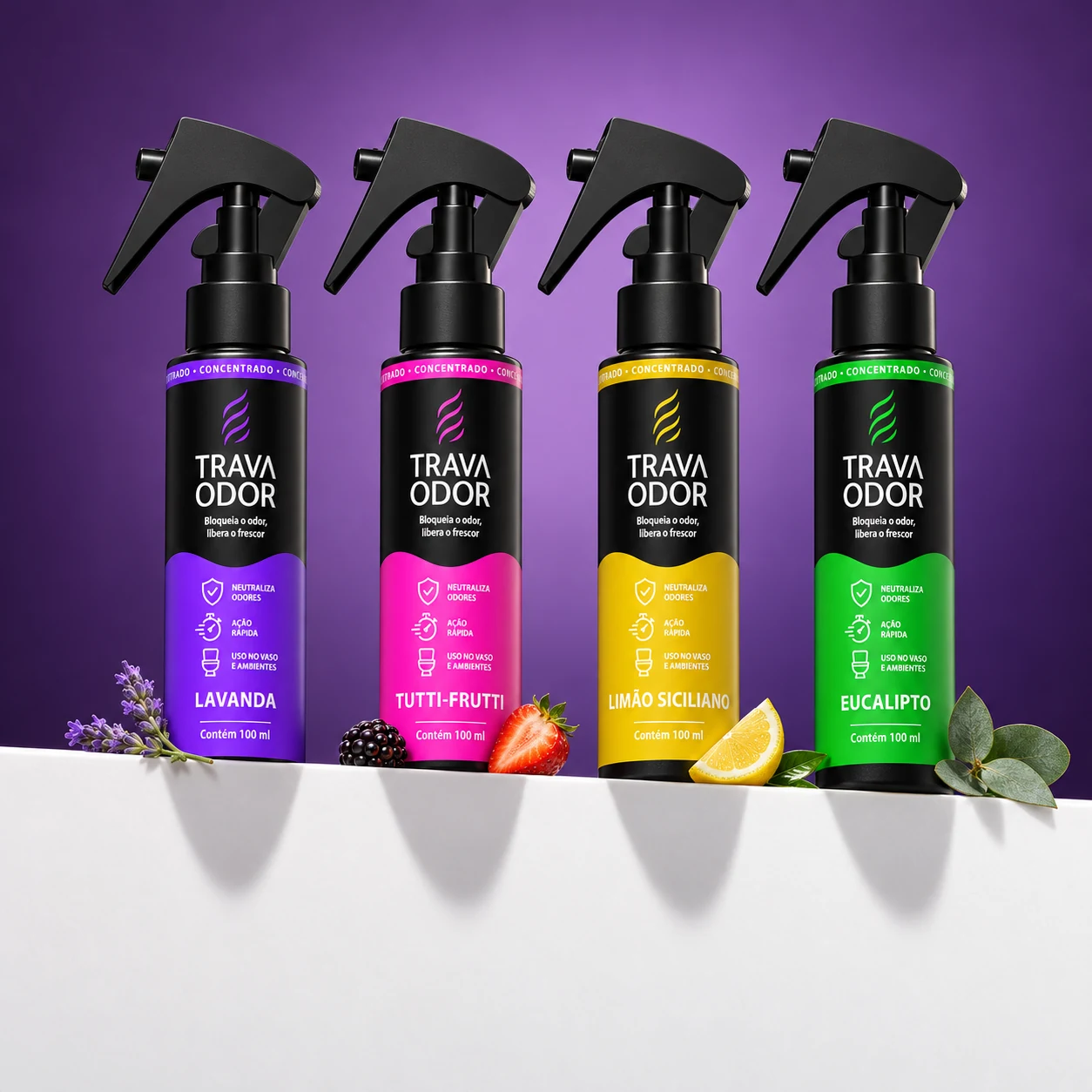 Quatro aromas Trava Odor em destaque: Lavanda, Tutti-Frutti, Limão Siciliano e Eucalipto