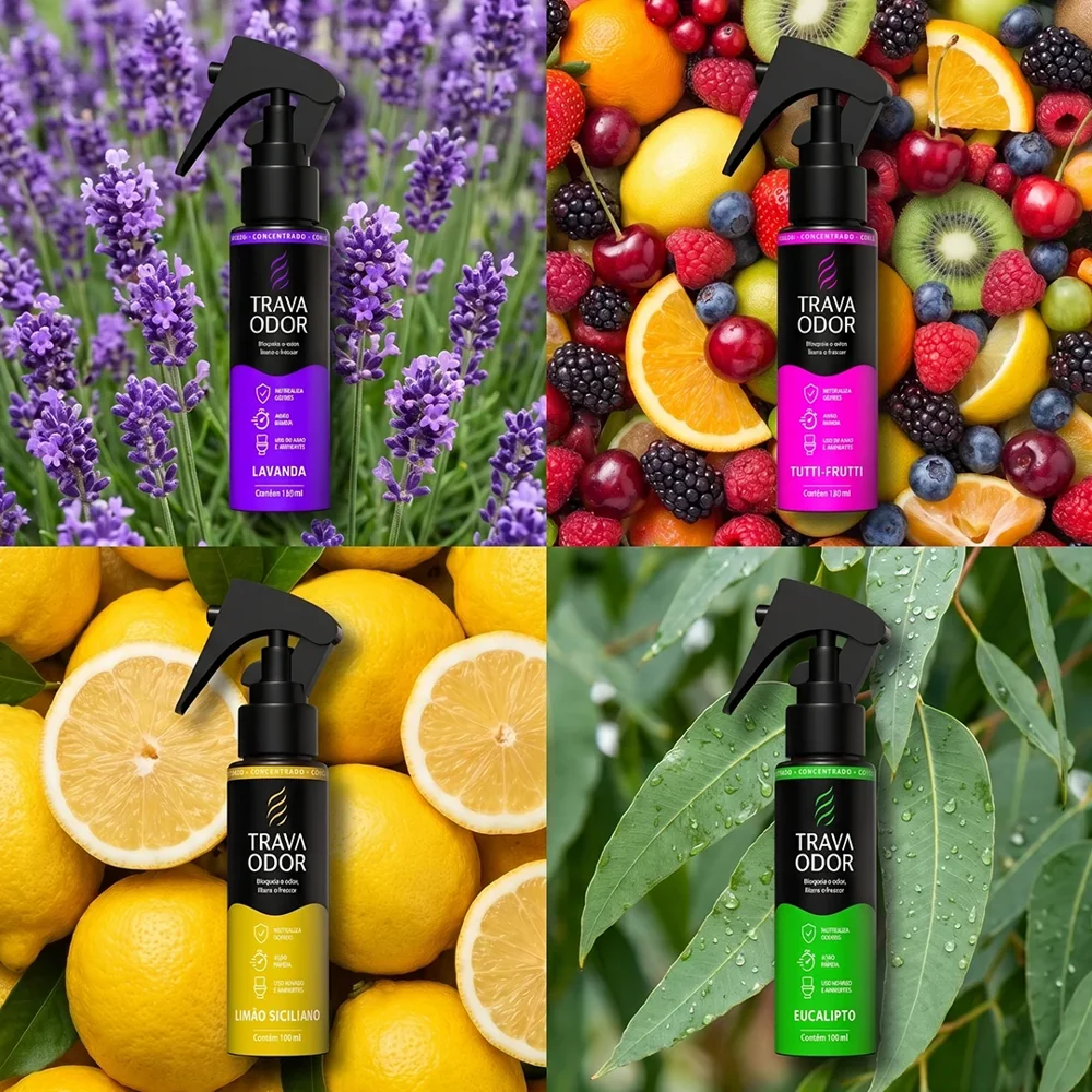 Quatro aromas Trava Odor com lavanda, frutas, limões e eucalipto