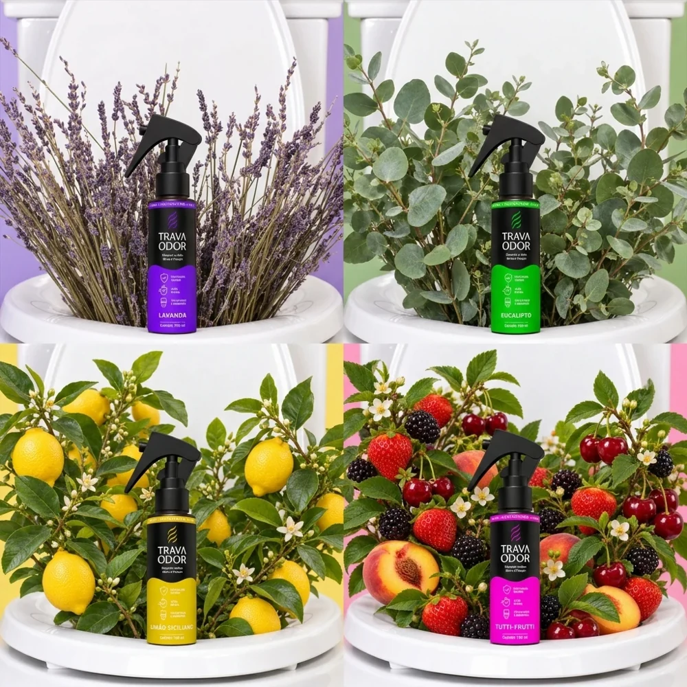 Quatro aromas Trava Odor com lavanda, eucalipto, limões e frutas em vasos sanitários