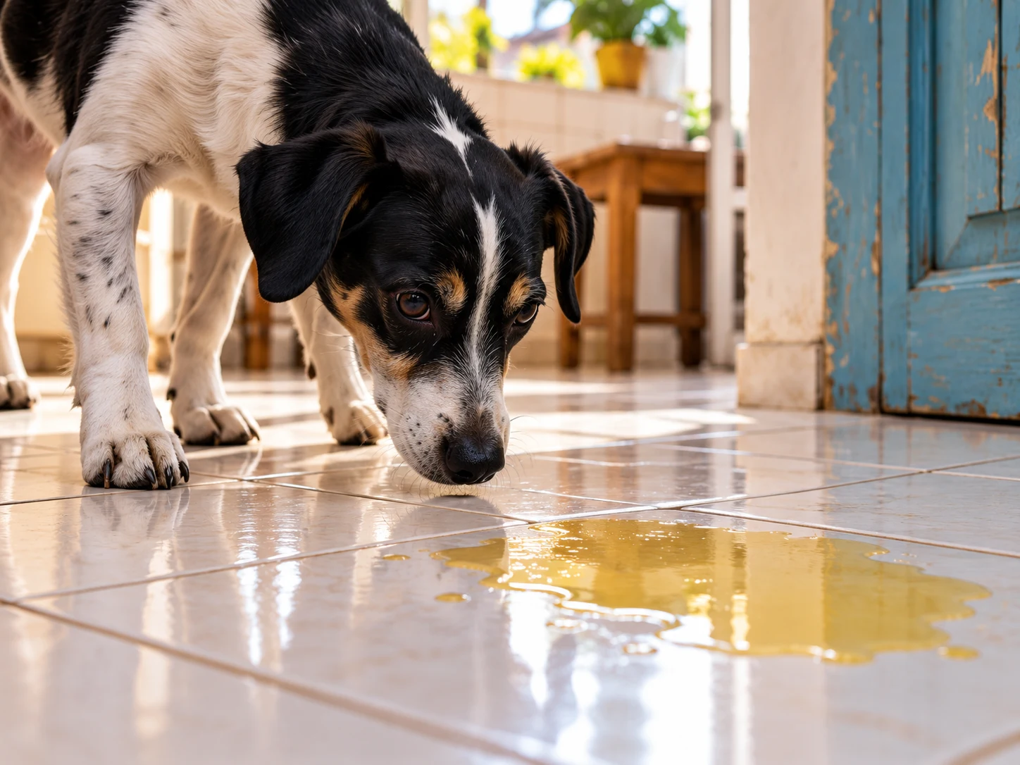Cachorro junto a uma poça no piso