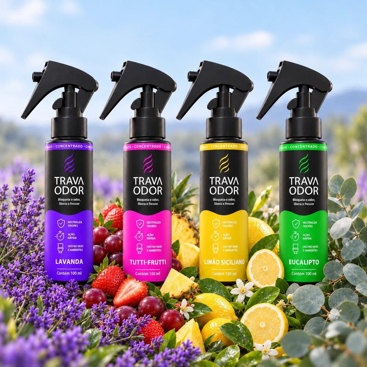 Quatro aromas Trava Odor em destaque: Lavanda, Tutti-Frutti, Limão Siciliano e Eucalipto